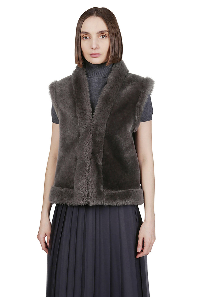 VEST IN SHEARLING SHEEPSKIN BIMATERIAL MERINO VELOUR BEAVER AND LAMB VELOUR BORDER